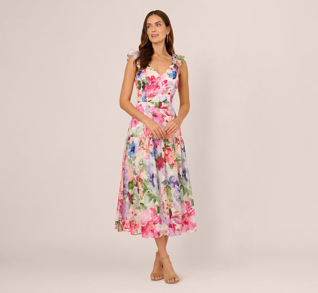 Aidan Mattox V Neck Floral Chiffon Midi Dress In Ivory Multi