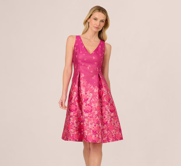 Aidan Mattox V Neck Floral Hem Jacquard Midi Dress In Pink Multi