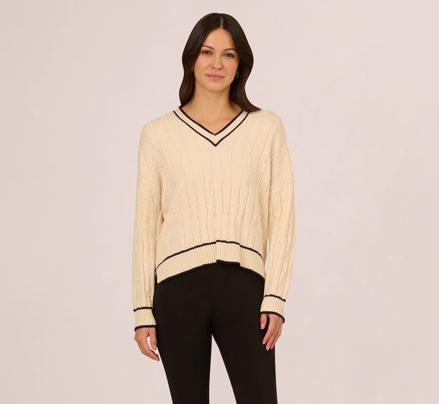 Aidan Mattox V Neck High Low Cable Knit Sweater In Cream Blue Moon