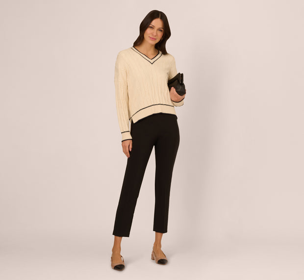 aidan mattox V Neck High Low Cable Knit Sweater In Cream Blue Moon