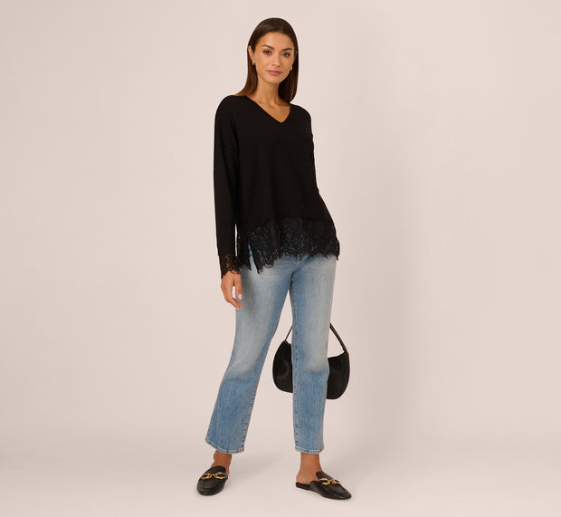 Aidan Mattox V Neck Lace Combo Twofer Sweater In Black