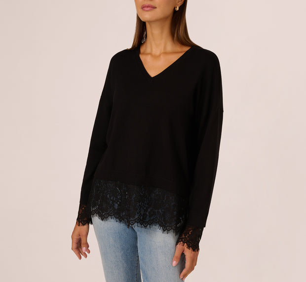 Aidan Mattox V Neck Lace Combo Twofer Sweater In Black