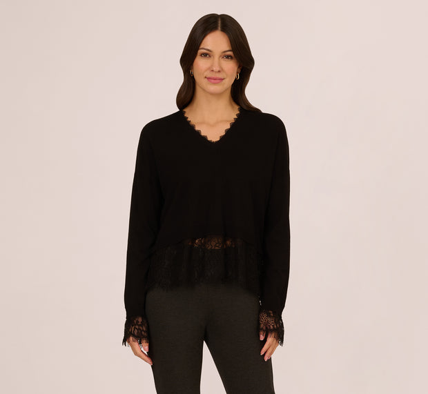 Aidan Mattox V Neck Lace Trim Twofer Sweater In Black