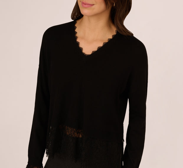 Aidan Mattox V Neck Lace Trim Twofer Sweater In Black