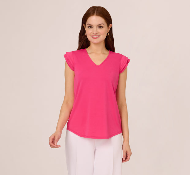 Aidan Mattox V-Neck Top With Pleated Flutter Sleeves In Fuchsia Fedora