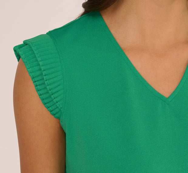 Aidan Mattox V-Neck Top With Pleated Flutter Sleeves In Simply Green