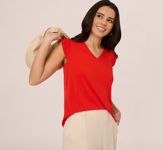 aidan mattox V-Neck Top With Pleated Flutter Sleeves In Valiant Poppy