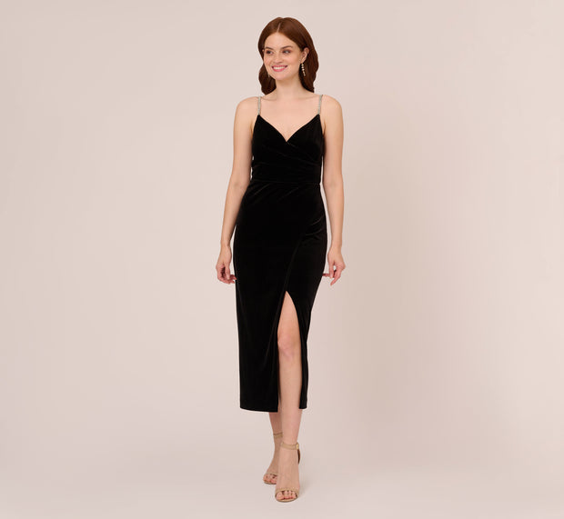 Aidan Mattox Velvet Ankle-Length Wrap Gown With Stone Straps In Black