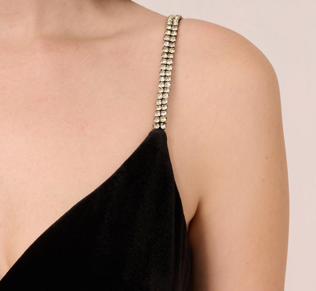 Aidan Mattox Velvet Ankle-Length Wrap Gown With Stone Straps In Black