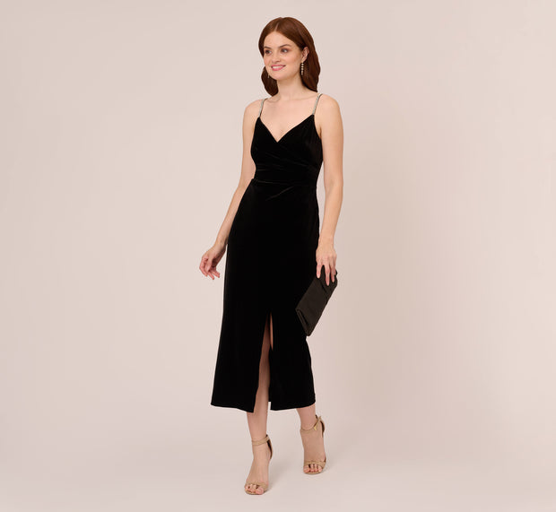 aidan mattox Velvet Ankle-Length Wrap Gown With Stone Straps In Black