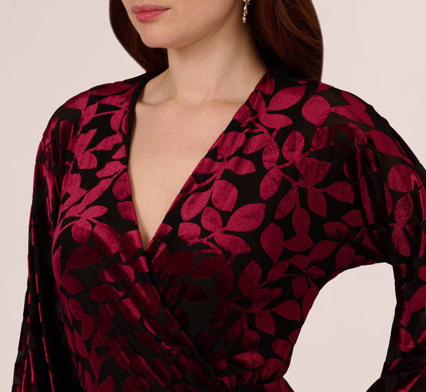 Aidan Mattox Velvet Burnout Faux Wrap Dress With Long Bishop Sleeves In Burgundy Bl