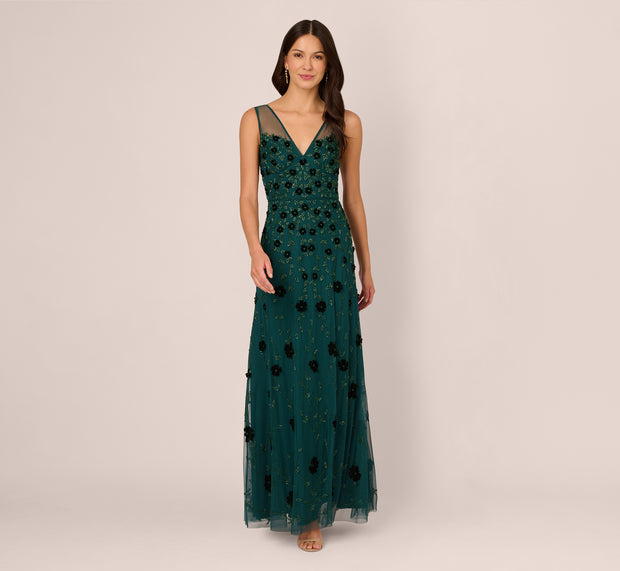 Aidan Mattox Velvet Floral Beaded Gown With Sheer Tank Straps In Gem Green