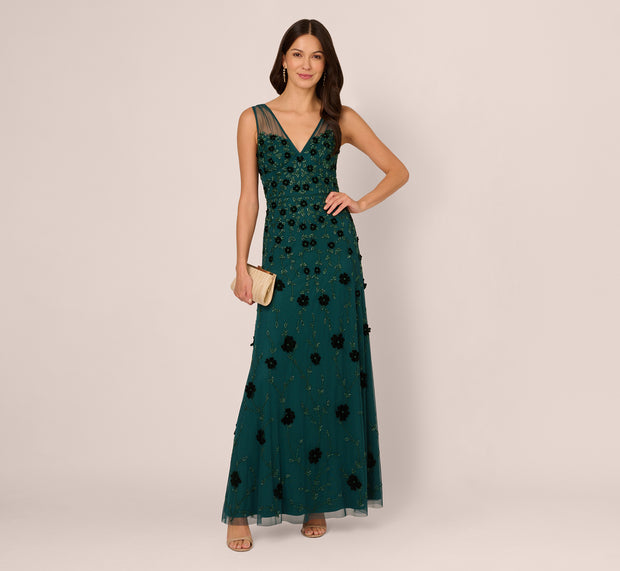 aidan mattox Velvet Floral Beaded Gown With Sheer Tank Straps In Gem Green