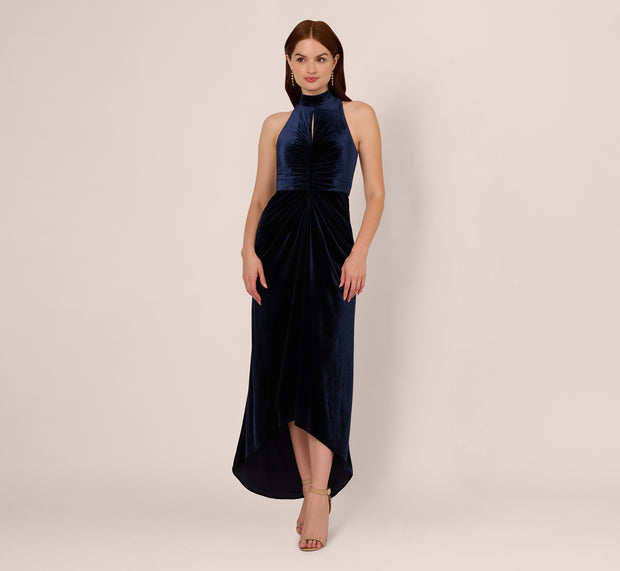 Aidan Mattox Velvet High Low Halter Gown With Cutout Mock Neck In Midnight