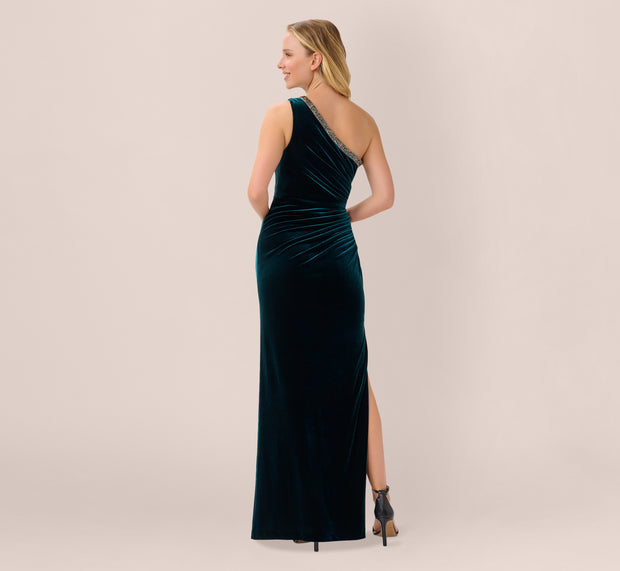 Aidan Mattox Velvet One Shoulder Gown With Beaded Neckline In Hunter