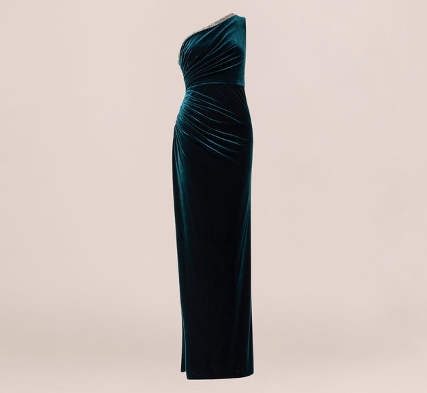 Aidan Mattox Velvet One Shoulder Gown With Beaded Neckline In Hunter