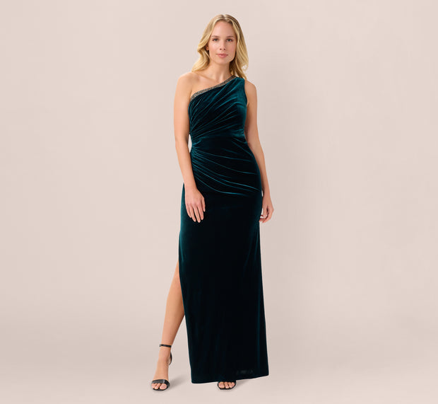 aidan mattox Velvet One Shoulder Gown With Beaded Neckline In Hunter