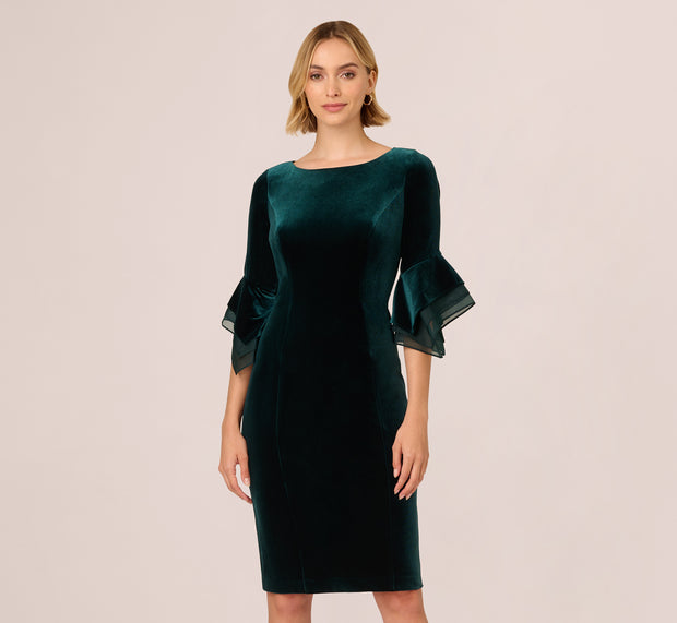 Aidan Mattox Velvet Sheath Dress With Tiered Three Quarter Sleeves In Hunter