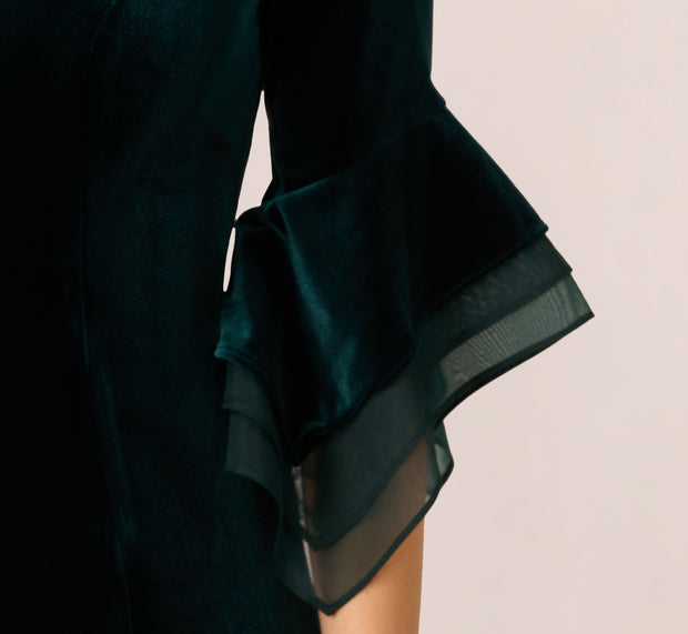 Aidan Mattox Velvet Sheath Dress With Tiered Three Quarter Sleeves In Hunter