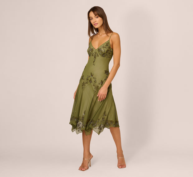 Aidan Mattox Vintage Beaded Midi Fairy Dress With Sharkbite Hem In Olive