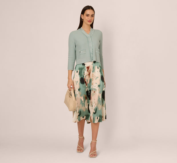 Aidan Mattox Waffle Knit Cardigan Sweater With Frayed Edges In Dusty Seamist