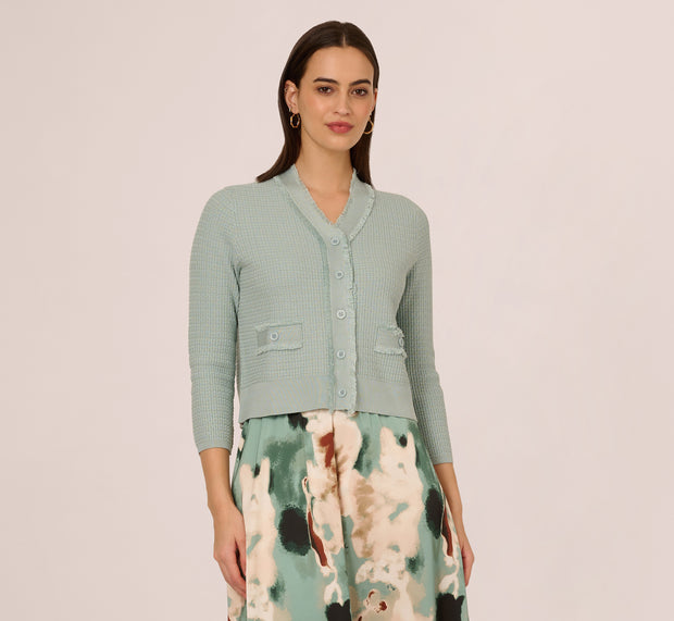 Aidan Mattox Waffle Knit Cardigan Sweater With Frayed Edges In Dusty Seamist