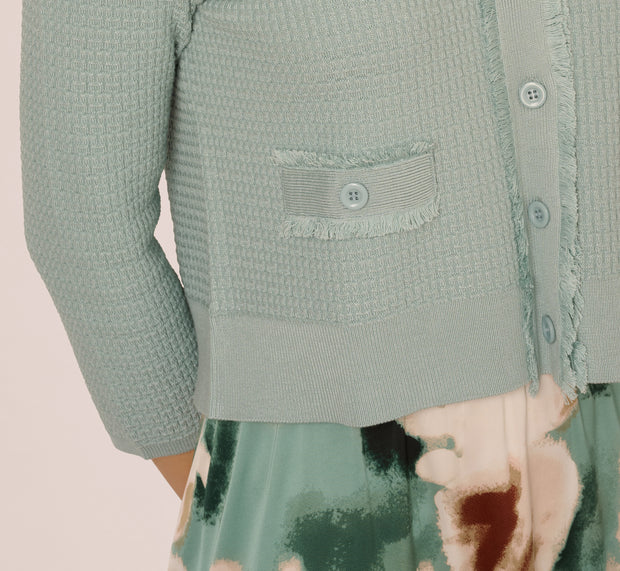 Aidan Mattox Waffle Knit Cardigan Sweater With Frayed Edges In Dusty Seamist