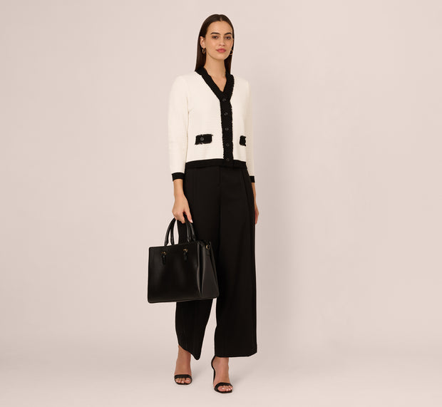 Aidan Mattox Waffle Knit Fringe Trim Cardigan In Ivory Black