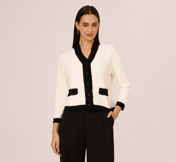 Aidan Mattox Waffle Knit Fringe Trim Cardigan In Ivory Black