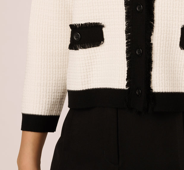 Aidan Mattox Waffle Knit Fringe Trim Cardigan In Ivory Black