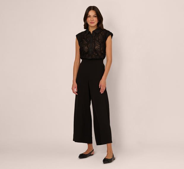 Aidan Mattox Wide Leg Airflow Pant And Sheer Soutache Vest Set In Black