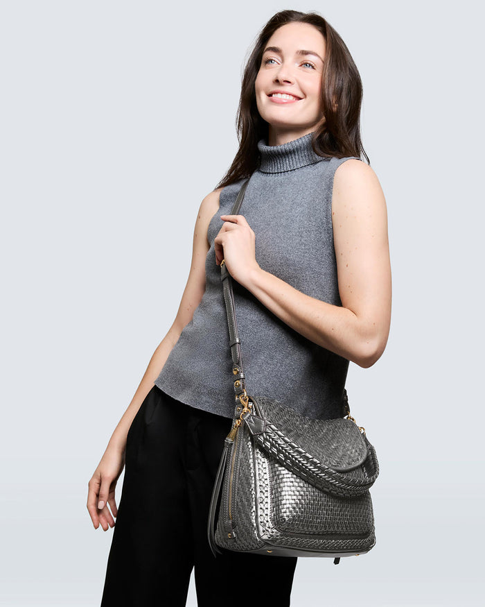 Aimee Kestenberg All For Love Novelty Zip Top Convertible Shoulder Pewter Woven