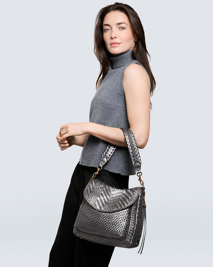 Aimee Kestenberg All For Love Novelty Zip Top Convertible Shoulder Pewter Woven