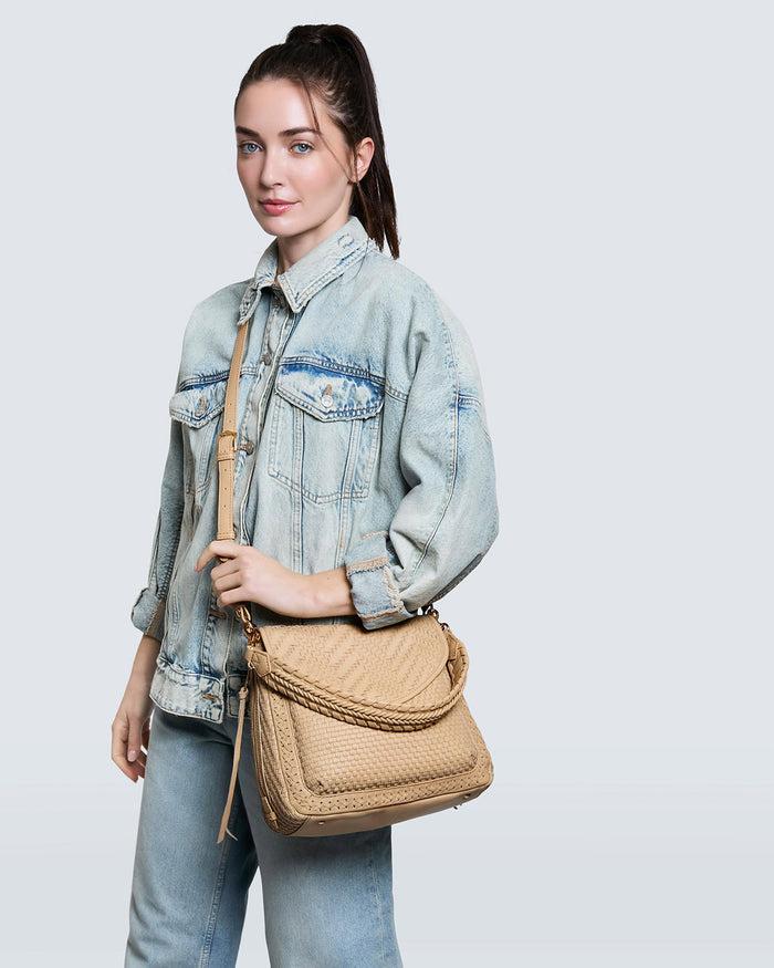 Aimee Kestenberg All For Love Novelty Zip Top Convertible Shoulder Camel Woven