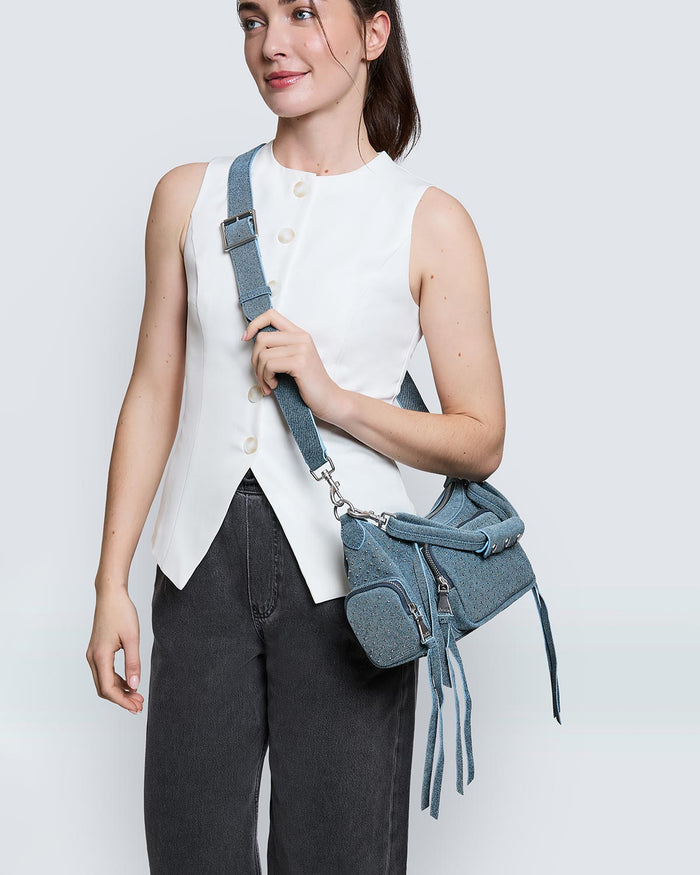 Aimee Kestenberg Away We Go Novelty Convertible Shoulder Denim Studded