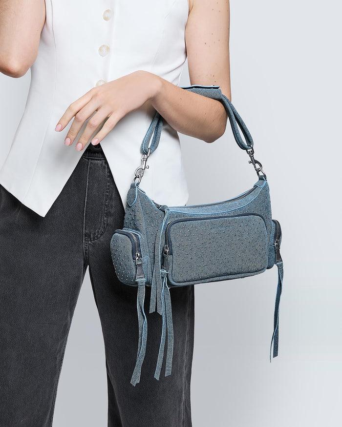 Aimee Kestenberg Away We Go Novelty Convertible Shoulder Denim Studded