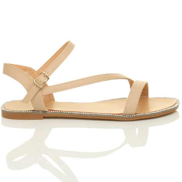Ajvani Flat Strappy Diamante Trim Sandals - U0352