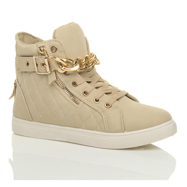 ajvani Gold Chain Lace Up Quilted Trainers - X6352