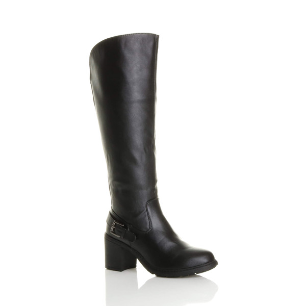ajvani High Heel Wide Calf Biker Knee Boots - C8029