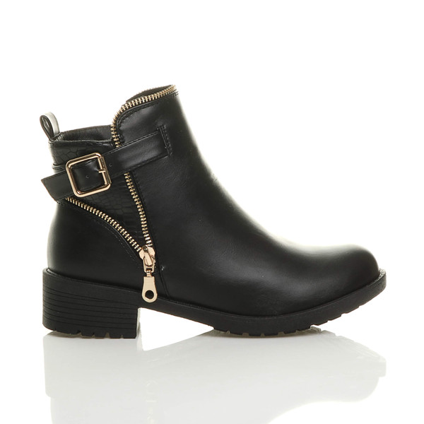 Ajvani Low Heel Gold Zip Biker Ankle Boots - Y8369