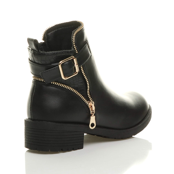 Ajvani Low Heel Gold Zip Biker Ankle Boots - Y8369