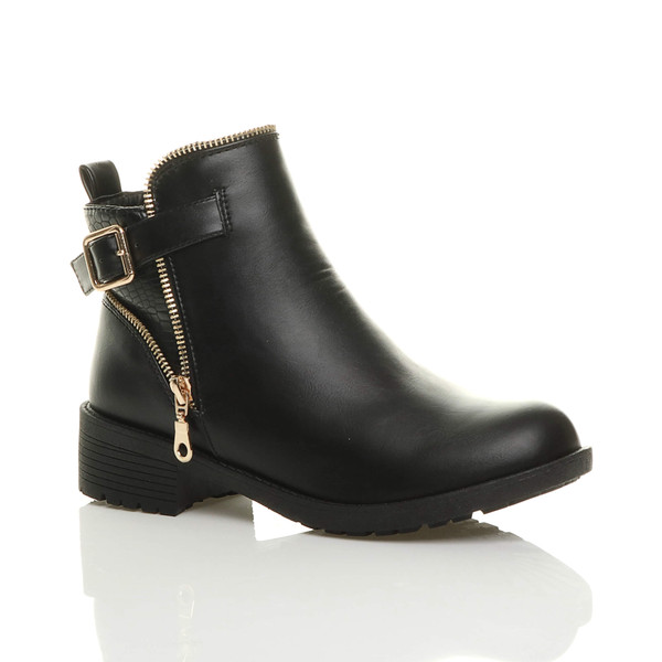 ajvani Low Heel Gold Zip Biker Ankle Boots - Y8369