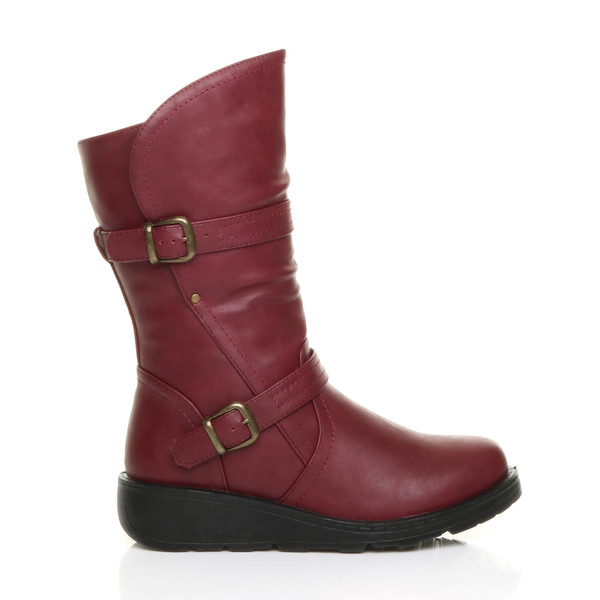 Ajvani Low Wedge Heel Biker Comfort Calf Boots