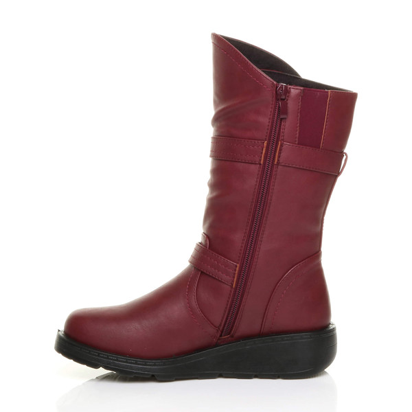 Ajvani Low Wedge Heel Biker Comfort Calf Boots