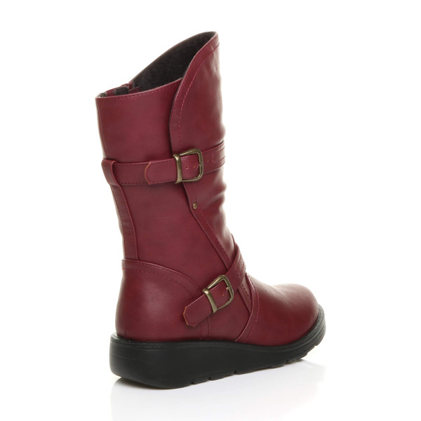 Ajvani Low Wedge Heel Biker Comfort Calf Boots