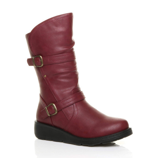ajvani Low Wedge Heel Biker Comfort Calf Boots