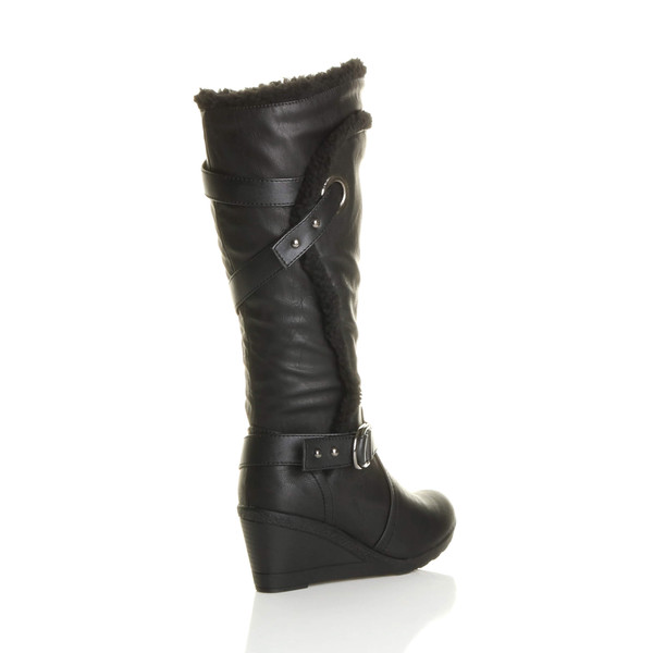 Ajvani Mid Heel Wedge Fur Trim Calf Boots - A8269