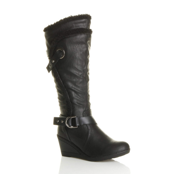 ajvani Mid Heel Wedge Fur Trim Calf Boots - A8269