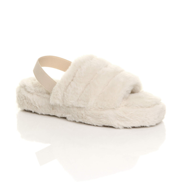 ajvani Faux Fur Elasticated Strap Peep Toe Slippers Slides