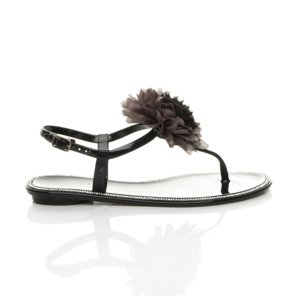 Ajvani Flat Diamante Flower Jelly T-Bar Buckle Beach Sandals - J7112